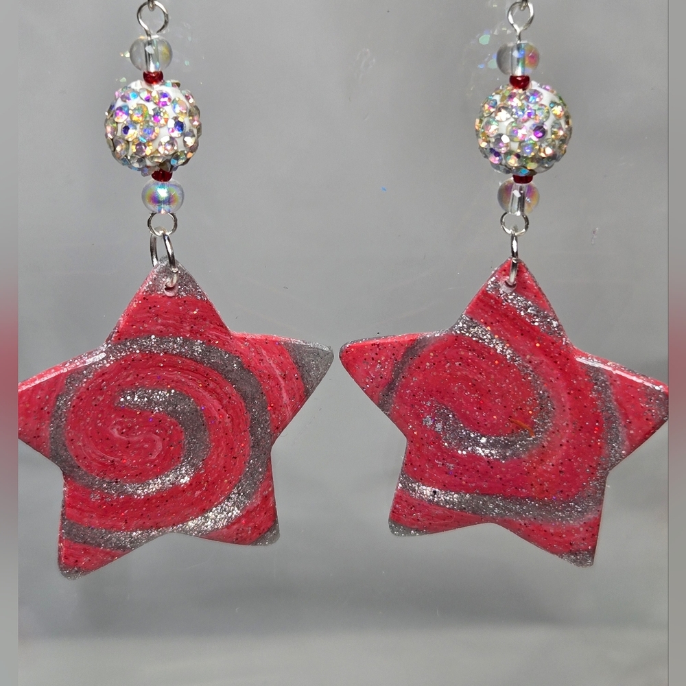 #B360- Twinkling Star Swirl Earrings in Red and Silver - Picture 4 of 5